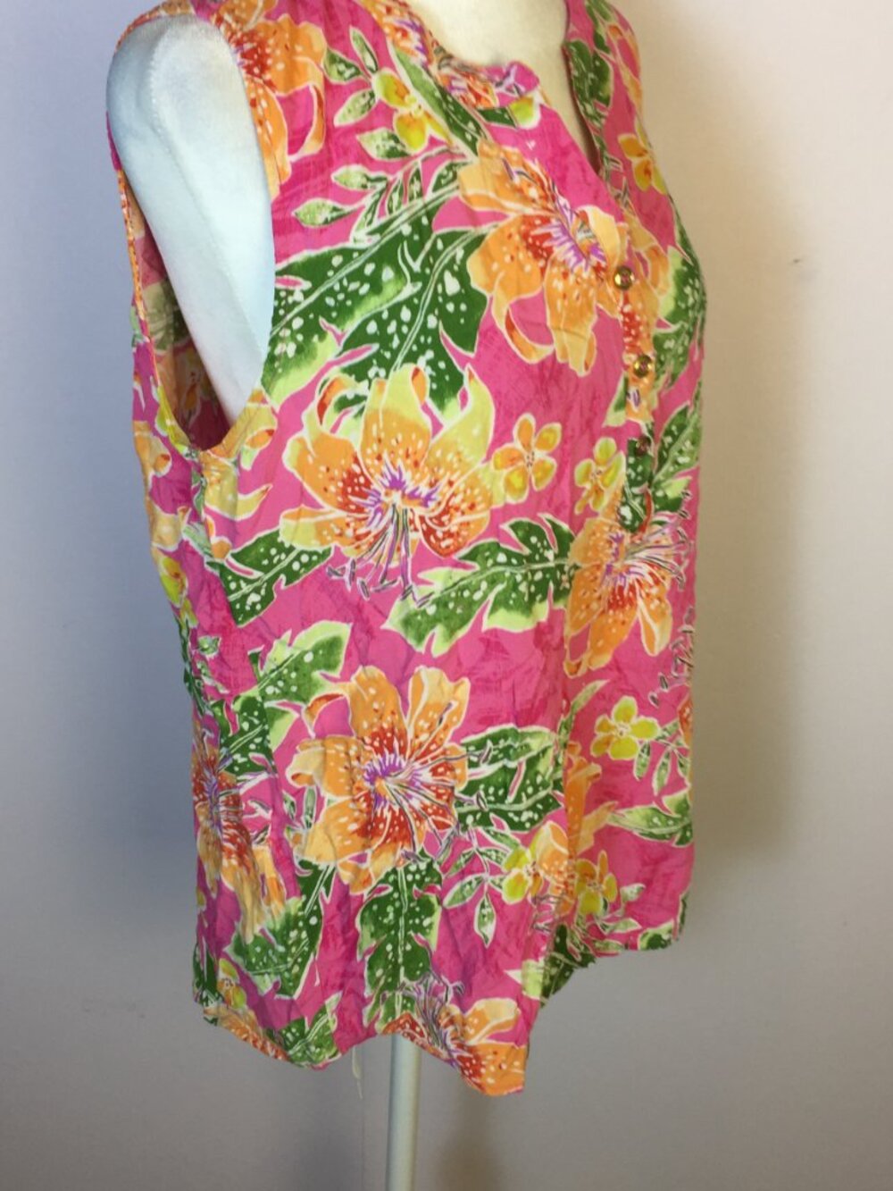Caribbean Joe Shirt Blouse Size L Womans Pink Floral Sleeveless Hawaiian Beach - Picture 14 of 14